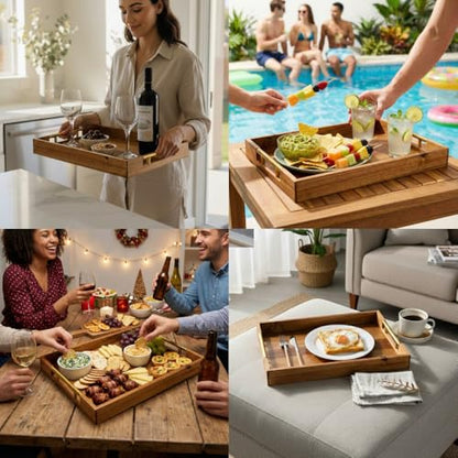 SNAZZORA 3 Pcs Acacia Wood Serving Trays with Golden Steel Handles 18", 16" & 14" with 6 Coasters - for Coffee Table, Ottoman in Living Room, Breakfast in Bed, Jewelry, Decorative, BBQ, Charcuterie