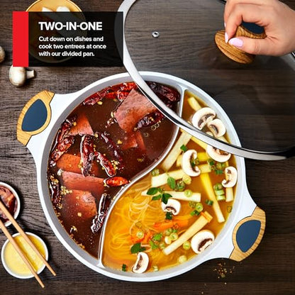 Nonstick Hot Pot with Divider, Blue Shabu Shabu with Silicone Spoons, Divided Cooker for Two Broths, Compatible with Induction, Gas Stove, or Grill