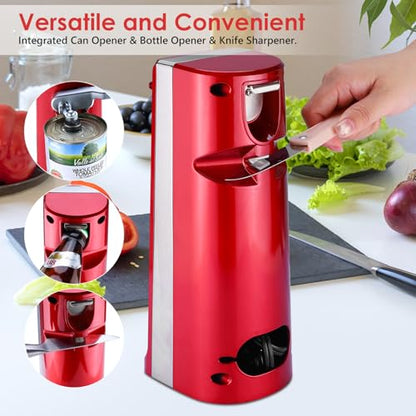 Davivy Electric Can Opener - One-Touch Hands-Free Operation, Removable Stainless Steel Cutter, 3-in-1 Design with Knife Sharpener & Bottle Opener (Red)