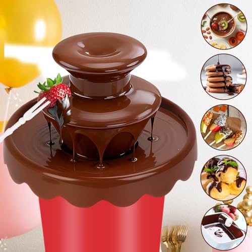 5oz Mini Chocolate Fountain with 10Forks,2-Tier Mini Chocolate Dipping Machine for Use with Chocolate Syrup Only, fit for Parties,Daily Use, Powered by 4 x C Batteries(Not Included) (Red)
