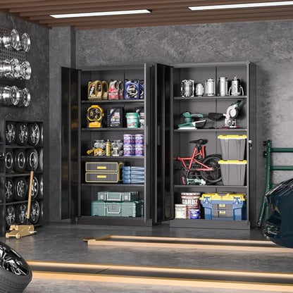 Greenvelly Metal Garage Storage Cabinet, 72” Locking Black Tool Steel Cabinet with Doors and 4 Shelves, Tall Metal Cabinets with Garage Storage Systems for Home Office, Kitchen/Pantry