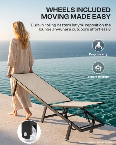 Oasbira Pool Lounge Chairs Set of 2, Aluminum Outdoor Lounge Chair with Wheels and 5-Position Recliner, Chaise Lounge Chair Outdoor for Poolside, Deck, Beach (Khaki)