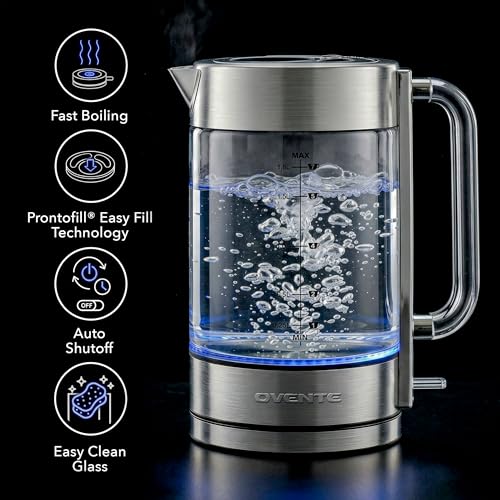 OVENTE 1.8L Glass Electric Kettle Water Boiler, Silver KG911S