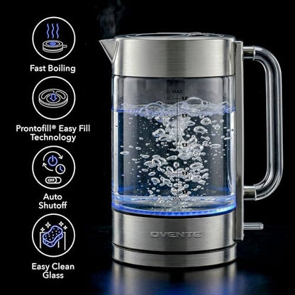 OVENTE 1.8L Glass Electric Kettle Water Boiler, Silver KG911S