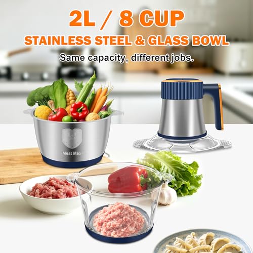 Food Processor, 5 Speed Meat Grinder with 2 Bowls(8 Cup+8 Cup), Blue