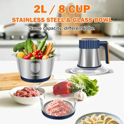 Food Processor, 5 Speed Meat Grinder with 2 Bowls(8 Cup+8 Cup), Blue