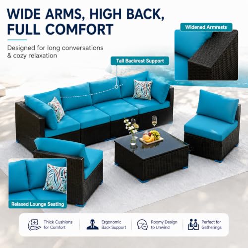 7 Piece Outdoor Sectional Patio Furniture Set with Coffee Table, Blue