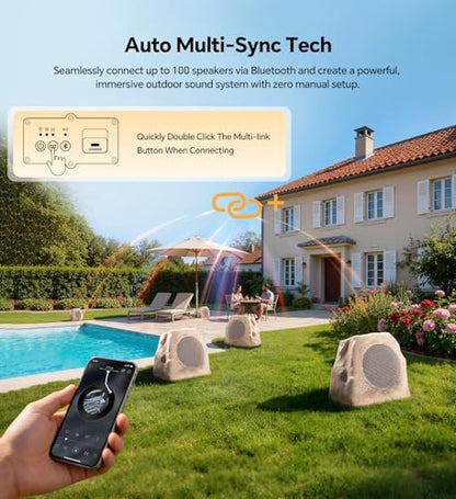 Upgraded Outdoor Rock Speaker 60W Deep Bass Multi-Sync up to 100Pcs, Remote Control, IPX7 Waterproof Solar-Powered with LED Lights Perfect for Pool, Garden, Patio, Ideal for Music Lovers - 2 Packs