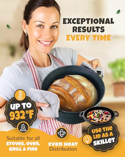 CRUSTLOVE Cast Iron Dutch Oven for Bread Baking - incl. Sourdough Bread-Baking Supplies like Banneton Bread-Proofing Basket - 5QT Bread-Oven with Lid Bread-Making Kit Pan, Pot, Sour Sough Tools, Lame