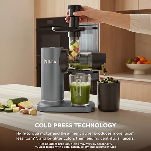 Ninja NeverClog Cold Press Juicer | Powerful Electric Slow Masticating Juicer with Pulp Control | XL Capacity | 24 oz. Juice Jug & 36 oz. Pulp Container | Dishwasher Safe | Charcoal | 150W | JC151
