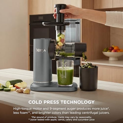 Ninja NeverClog Cold Press Juicer | Powerful Electric Slow Masticating Juicer with Pulp Control | XL Capacity | 24 oz. Juice Jug & 36 oz. Pulp Container | Dishwasher Safe | Charcoal | 150W | JC151