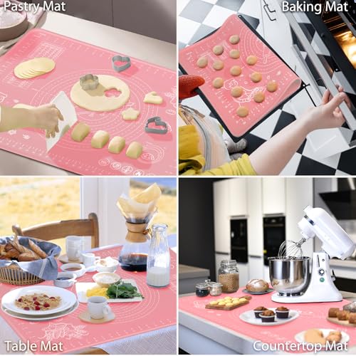 Silicone Pastry Mat 28" x 20" Extra Thick Non Stick Baking Mat with Measurements and Edge Heightening, Food Grade Silicone Rolling Mat for Pastry, Bread, Cookies, Pizza, Fondant, Pasta - Pink