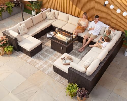 BULEXYARD 15 Piece Large Patio Furniture Set with Fire Pit, Brown & Beige