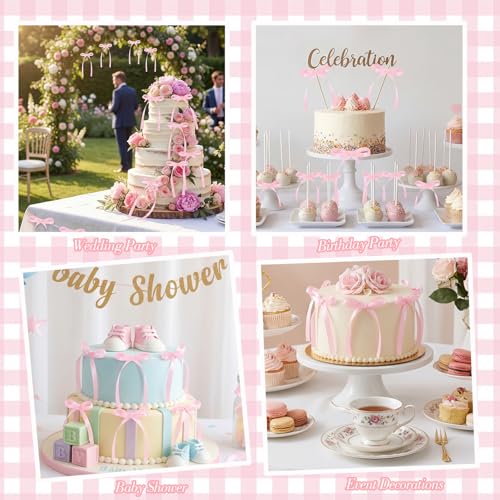 30 Pack Bow Cake Toppers Pink Ribbon Bows for Cake Coquette Themed Bow Cupcake Toppers Pink Bow Birthday Decorations for Baby Shower, Bridal, Engagement, Wedding, Bachelorette Party Decoration