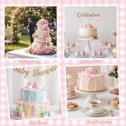 30 Pack Bow Cake Toppers Pink Ribbon Bows for Cake Coquette Themed Bow Cupcake Toppers Pink Bow Birthday Decorations for Baby Shower, Bridal, Engagement, Wedding, Bachelorette Party Decoration