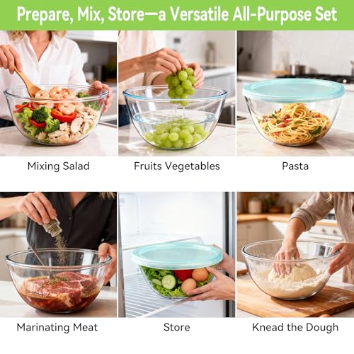 YUANYE 4 Pack Glass Mixing Bowls with Lids Set (3/1.7/0.9/0.6QT),Thick Glass Large Salad Bowl Set, Nesting Kitchen Bowls for Serving, Prepping, Cooking and Baking, Dishwasher, Oven,Microwave Safe