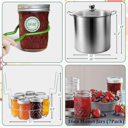Canning Pot Water Bath Canner with Rack and Mason Jars, 20 Quart Stainless Steel Stock Pots, Canning Supplies Starter Kit Beginners Tools Set, Jar Lifter Tongs and Pickling Kit Accessories