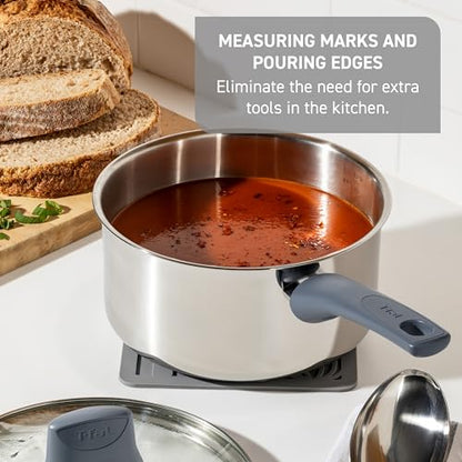 T-fal Essentials Stainless Steel Cookware Set 12 Piece, Induction Compatible, Oven Safe 350F, Cooking Set w/Stewpots, Stockpot, Saucepan, Lids & Tools, Measuring Marks, Dishwasher Safe, Silver/Blue