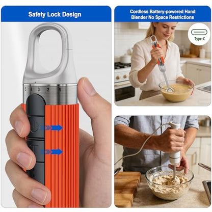 Cordless Immersion Hand Blender with Charging, 4 in 1 Handheld Blenders Set, 6-Speed Turbo, Wall-Mountable Design, Includes Chopper, Whisk & Frother for Soup, Baby Food & Smoothies (Orange)