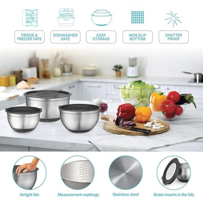 Belwares Mixing Bowls with Lids Set of 5 - Stainless Steel Mixing Bowl Set, Kitchen Nesting Metal Bowls with Non Slip Bottoms + 3 Grater Attachments, Airtight Lids, Food Prep + Storage, Matte Black