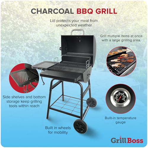 Grill Boss 23 Inch Charcoal Barrel Grill with Adjustable Grate, Large Cooking Area, Black
