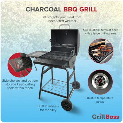 Grill Boss 23 Inch Charcoal Barrel Grill with Adjustable Grate, Large Cooking Area, Black