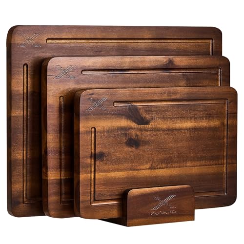 Xushro Acacia Wood Cutting Board Set of 3 with Stand - Thick Wooden Chopping Boards with Deep Juice Grooves - Non-Slip & Durable Wooden Boards for Meat & Vegetables (16x12, 14x10, 12x8) - Walnut