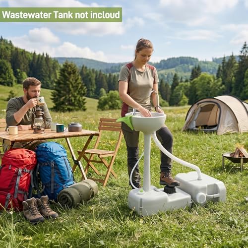 Outvita Portable Camping Sink w/ 19L Water Tank Rolling Wheels Towel Holder Soap Dispenser Faucet, Outdoor Foot Pump Washing Station for RV Boat Travel Picnic Worksit