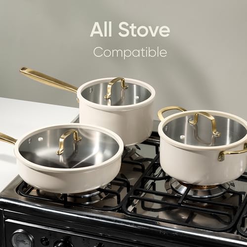 CAROTE 10" Stainless Steel Frying Pan with Lid, Outer Ceramic Layer, Non-Toxic, Even Heating，Oven Safe, Induction, Ceramic and Gas Cooktops Compatible, White