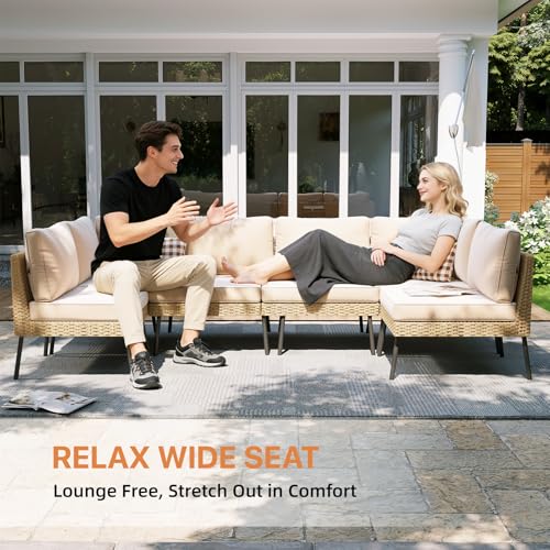 Aoxun 7-Piece Patio Furniture Set, Wicker Outdoor Furniture with Water Resistant Thick Cushions, Patio Conversation Set Outdoor Sectional Sofa with Coffee Table for Backyard Poolside, Beige