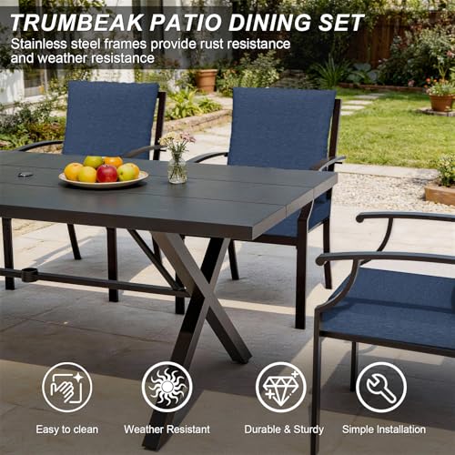 ASJMR 10 Piece Outdoor Dining Table and Chairs for 8, Rectangular Patio Dining Table with 14 Ft Patio Umbrella with 8 Fixed Dining Chairs with Cushions, Lawn Garden Outdoor Table and Chairs-Navy