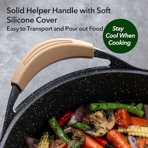 AnimoZest Nonstick Deep Frying Pan with Lid, 5.3 QT Swiss Granite Coating Sauté Pan, 13 Inch Healthy Non Stick Skillet Cooking Pan and Helper Handle with Silicone Cover, PFOA Free, Induction Ready.