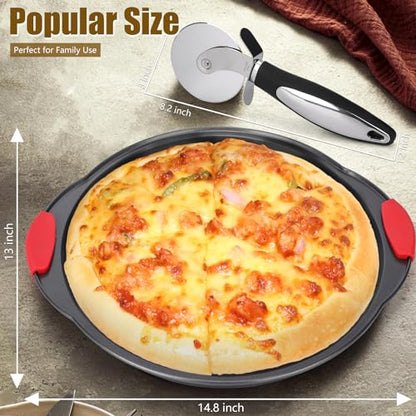 YIDAZLE Pizza Pan for Oven (2 PACK), Pizza Baking Trays with Pizza Cutter, Non-Stick Pizza Baking Pan with Perforated Holes and Silicone Handle, Oven & Dishwasher Safe Carbon Steel