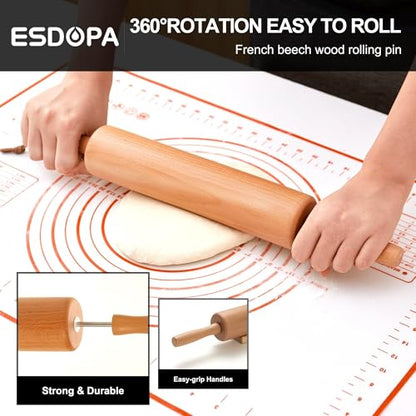 ESDOPA Classic Wood Rolling Pin - Wooden Rolling Pins for Baking Silicone Mat Set, Dough Roller with Wood Base, Fondant Roller for Pie Crust Cookies Pizza Dough and Bread, 17 Inch