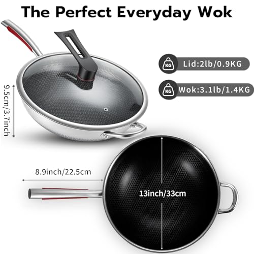 lake tian Wok pan, PFOA Free Cookware 14-Inch Wok, stick Stainless Steel Woks & Stir-fry pans Nonstick, for All Cooktops, Uncoated Craft Pot Healthy Cooking Pot