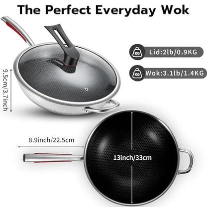 lake tian Wok pan, PFOA Free Cookware 14-Inch Wok, stick Stainless Steel Woks & Stir-fry pans Nonstick, for All Cooktops, Uncoated Craft Pot Healthy Cooking Pot