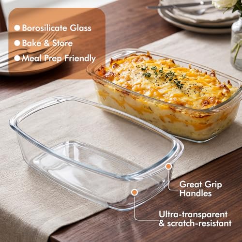 HOTEC 2-Pack LARGE 7.6 Cups/1800 ML/1.9 Qt Glass Loaf Pan, Microwave and Oven Safe - Loaf Pans For Food Storage Container, Bakeware for Bread, Lasagna, Potatoes, Meal Prep, Airtight Lid
