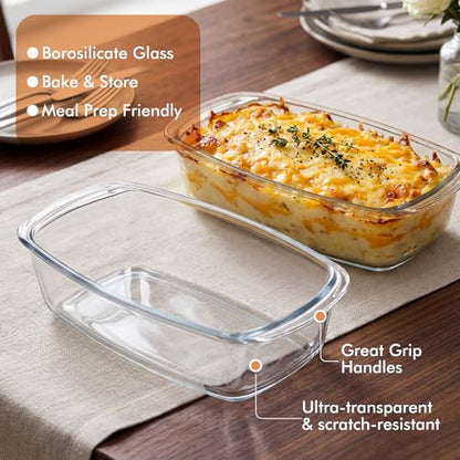 HOTEC 2-Pack LARGE 7.6 Cups/1800 ML/1.9 Qt Glass Loaf Pan, Microwave and Oven Safe - Loaf Pans For Food Storage Container, Bakeware for Bread, Lasagna, Potatoes, Meal Prep, Airtight Lid
