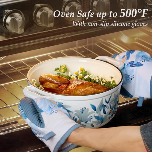 CAROTE 5 QT Cast Iron Dutch Oven Pot with Lid, Enameled Floral Dutch Ovens with Cotton Potholders & Oven Gloves, Gift Box, Cast Iron Pot for Sourdough Bread Baking, Braising, Stews, Roasting, Dual Handles, All Stovetop Compatible, Oven Safe up to 500° F,