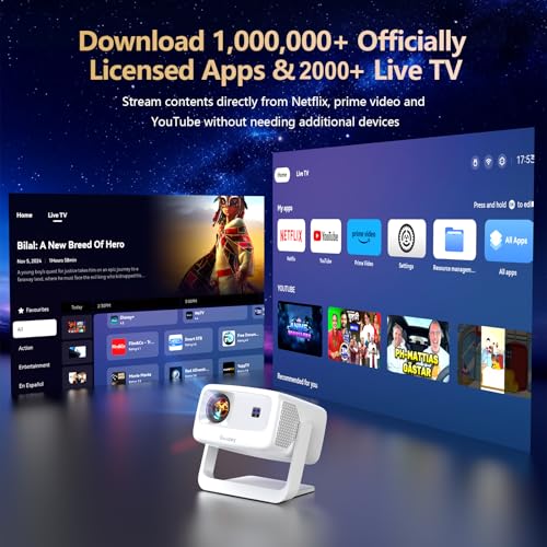 [3500 Ultra Bright/Official Apps Downloads/65W Dolby Audio/4K Support] Smart Outdoor Projector with WiFi and Bluetooth, Auto Focus, All-in-One Streaming Apps Proyector, 2026 Upgraded from Grey Model