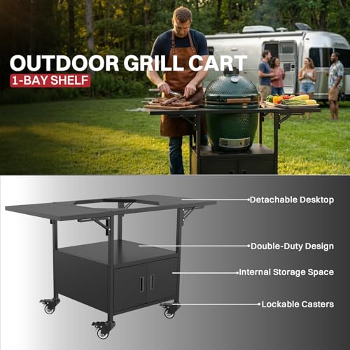 Outdoor Grill Cart for Big Green Egg Style| Egg BBQ Grill with a Cover| 3-Duty Storage| 2 Sided Prep Table| 530Lbs&Heavy Duty Metal |Outside-in Easy Assembly| Compatible with Big Green Egg, Kamado Joe
