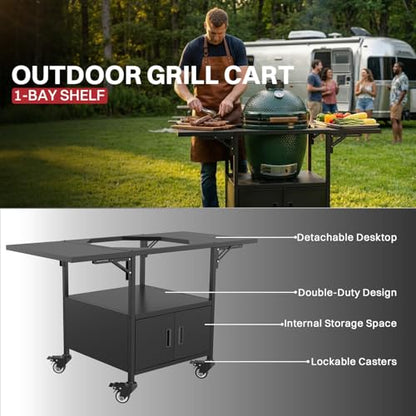 Outdoor Grill Cart for Big Green Egg Style| Egg BBQ Grill with a Cover| 3-Duty Storage| 2 Sided Prep Table| 530Lbs&Heavy Duty Metal |Outside-in Easy Assembly| Compatible with Big Green Egg, Kamado Joe