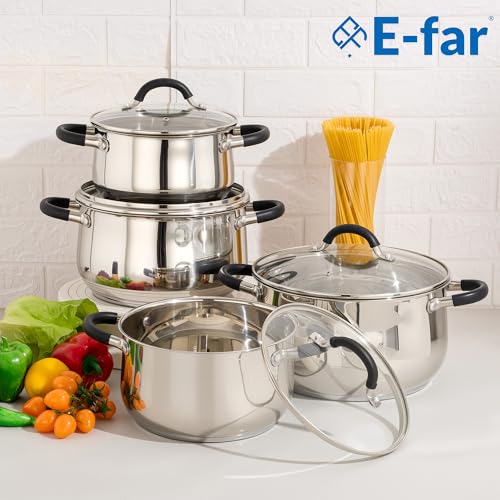E-far Stainless Steel Stock Pot, 8 Quart Large Cooking Pot with Glass Lid for Boiling Pasta Soup Sauce, Tri-Ply Induction Thick Base for All Stoves, Cool-Touch Handles & Dishwasher Safe