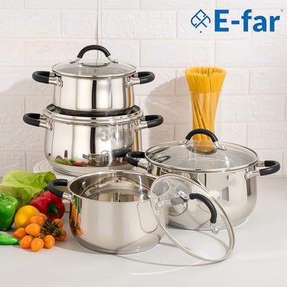 E-far Stainless Steel Stock Pot, 8 Quart Large Cooking Pot with Glass Lid for Boiling Pasta Soup Sauce, Tri-Ply Induction Thick Base for All Stoves, Cool-Touch Handles & Dishwasher Safe