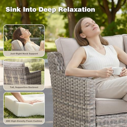 Belord Patio Wicker Swivel Rocker Patio Chairs with 3-Seater Sofa and 42.5" Fire Pit Table, Outdoor Furniture Set for Deck Porch Poolside, 11 Piece Patio Conversation Furniture Set,Beige