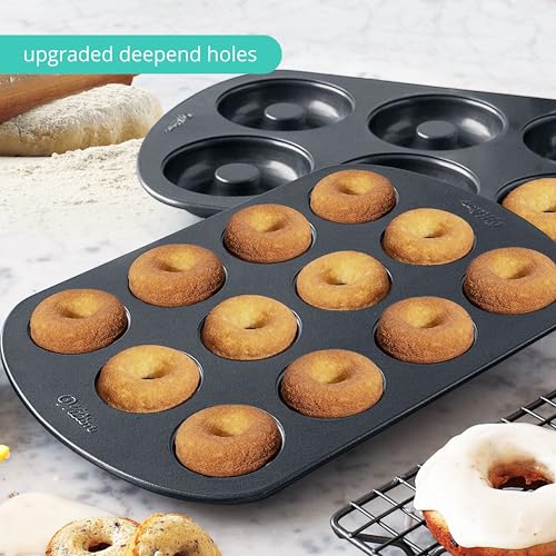 GEEOOLLAH Nonstick Donut Pan Set – 2-Piece Bakeware with 6-Cavity Mini and 12-Cavity Standard Molds, Durable Carbon Steel, Scratch-Resistant, Even Heating