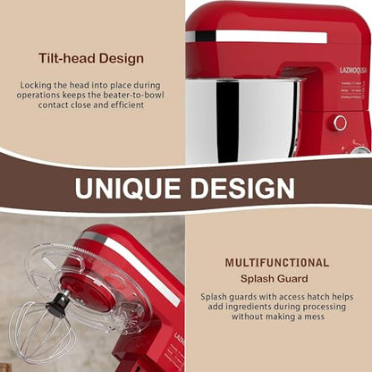 LAZMOQUSA 6in1 Stand Mixer with 6.5 Quart Bowl, 660W 10+p Speeds Kitchen Food Mixer Tilt-Head Bread Dough and Cake Mixers for Home Daily Use (Red)