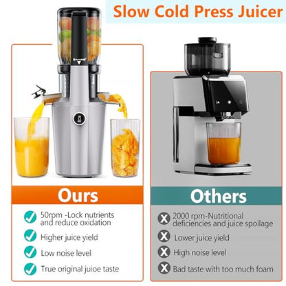 Cold Press Juicer Machine, Slow Masticating Juicer with 96% Yield, Wide Chute for Whole Fruits, Ultra Quiet (<60dB) for Leafy Greens & Celery (Silvery)