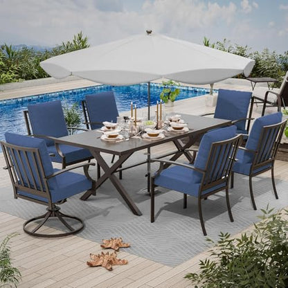 ASJMR 7 Piece Outdoor Dining Set for 6, Metal Patio Table and Chairs with Cushions, Patio Furniture Set with 2 Swivel Chairs, Rectangular Patio Dining Table with Umbrella Hole, Lawn Deck, Yard, Navy