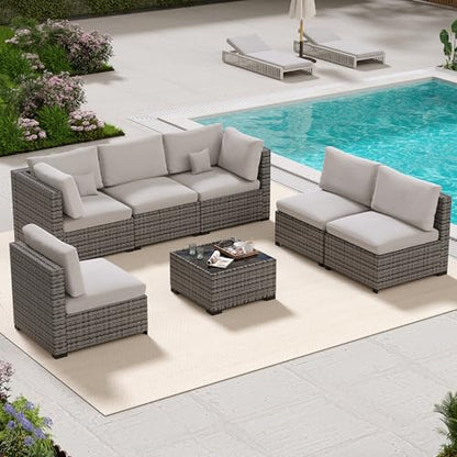 LHBcraft 7 Piece Patio Outdoor Furniture Set, Outdoor Sectional, All-Weather Hand-Woven Wicker Patio Sectional Sofa, Rattan Outside Furniture with Grey Cushion and Glass Coffee Table